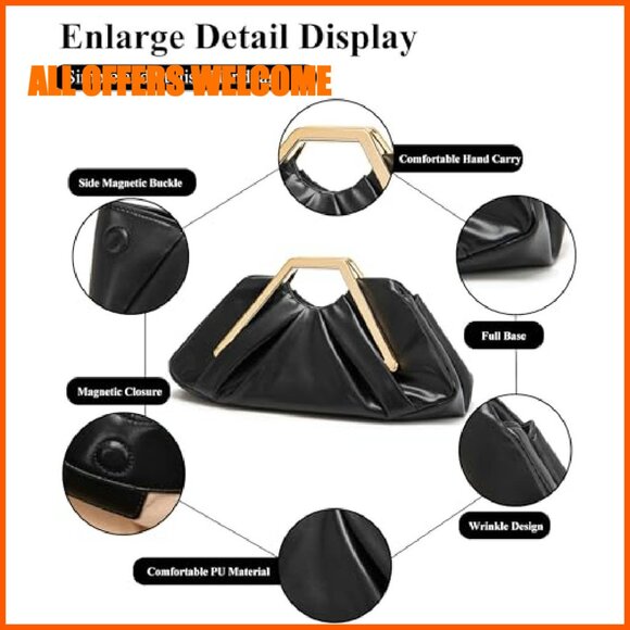Elegant Ruched Clutch Evening Purse, Vegan Leather, Magnetic Closure
